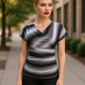 IZ BYER Striped Cowl Neck Tee S Small Ombre Lace Panel Back Short Sleeve Top